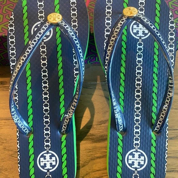 New Tory Burch Navy Sea Gemeni Rope Spring Green Flip Flops Size 6 Style 38959 - Picture 7 of 9